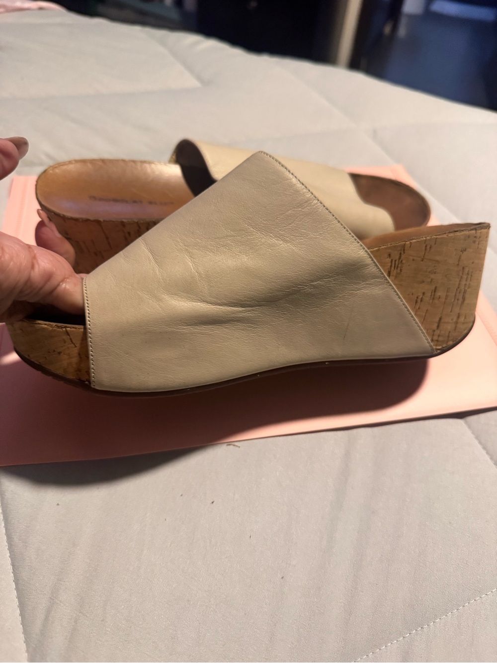 Neutral Cream Leather Cork Wedge Slide Sandals - Women CHOCOLATE BLU